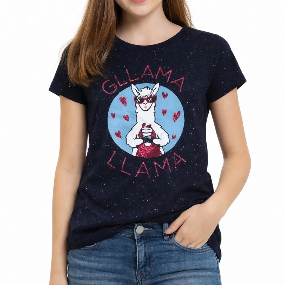 Justice Glamma Llama Navy Blue Pink Sunglasses Sparkly Graphic Tee Sz‎ 12…